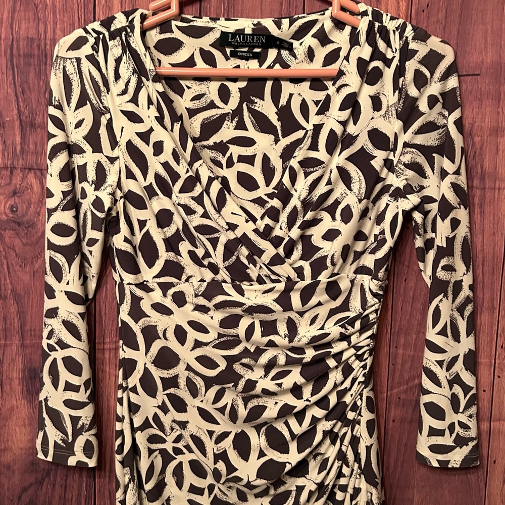 Ralph Lauren Black and Cream Ruched Wrap Dress - Picture 3 of 8
